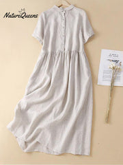 Women's Cotton And Linen Short Sleeve Solid Color Casual Shirt Dress