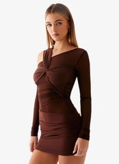 Robe mini asymétrique à manches longues Ophelie - Chocolat