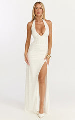 Robe longue en dentelle - Robe bustier style corset en dentelle avec licou blanche