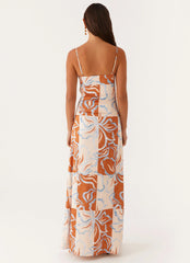 Robe longue Aster Bloom – Fleurs oranges et bleues