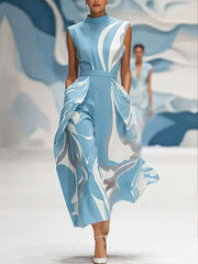 Women's Abstract Print Stand-collar Sleeveless Loose-fit Casual Dress