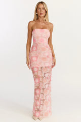 Robe longue Lima - Robe colonne bustier ornée de motifs floraux roses
