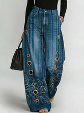 Women's Retro Floral Art Print Casual Stylish Hollow Denim Pants