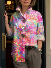 Women's Colorful Abstract Art Print Cotton Shirt — Lapel, Long Sleeve, Casual Loose Fit