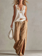 Women's Casual Cotton-linen Set: Loose-fit V-neck Sleeveless Top & High-waisted Wide-leg Pants