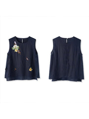 Casual Embroidered Linen And Cotton Sleeveless Top
