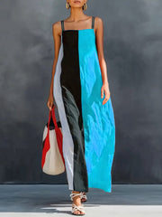 Women's Sleeveless Casual Loose-fit Cotton-linen Sundress With Contrast Print