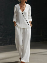 Minimalist V-neck Shirt And Wide-leg Pants Two-piece Set