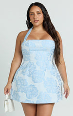 Mini robe Gabbie – Robe jacquard à licou coupe évasée bleue