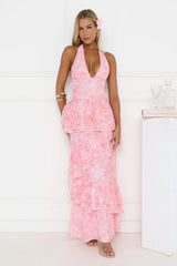 Robe longue à volants et licou Tropical Bloom rose