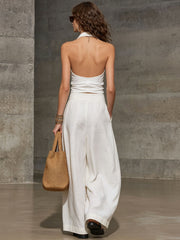 Stylish Casual Linen And Cotton Halter Top And Pants Two-piece Set