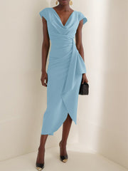 Women's Solid-color Short-sleeve Casual Slim-fit Dress With Cowl Neck And Ruching