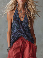 Women's Camouflage Print V-neck Sleeveless Casual Loose Cotton-linen Top
