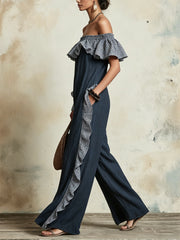 Women's Ruffled Plaid Art Casual Stylish Comfortable Cotton Linen Jumpsuit