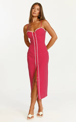 Robe midi Camille - Robe cintrée bustier boutonnée sur le devant avec garniture en dentelle rouge