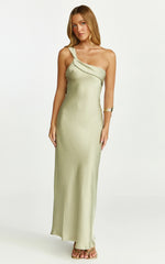 Robe mi-longue Calix – Robe nuisette asymétrique de couleur olive clair