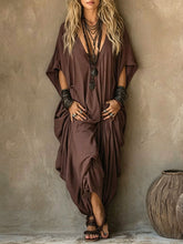 Women's Solid-color V-neck 3/4-sleeve Casual Loose Cotton-linen Dress