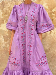 Women's Retro Ethnic Floral Art Print Casual Stylish Comfortable Cotton Linen Long Dress