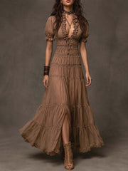 Bohemian-style Tiered Ruffle & Lace Slit Maxi Dress