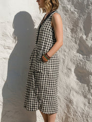Black & White Gingham V-neck Linen-cotton Sleeveless A-line Dress