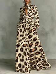 Irregular Leopard Print Stand-collar Single-breasted Long Shirt Dress