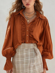Women's Ruffled Art Casual Stylish Cotton Linen Long Sleeve Shirt