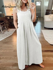 Women's Solid Color Loose Elegant Casual Cotton Linen Suspender Jumpsuit