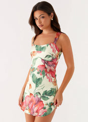 Mini-robe Odette en satin - Motif floral jaune