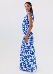 Robe longue à épaules dénudées Pyper - Imprimé floral bleu