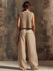 Casual Cargo Pockets Cotton-linen Wide-leg Pants