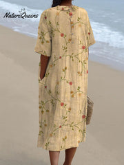 Women's Vintage Lovely Floral Art Print Pocket Linen Dress(Convertible Dress With Front And Back Option)