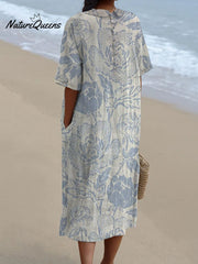 Women's Vintage Floral Art Print Pocket Linen Dress(Convertible Dress With Front And Back Option)