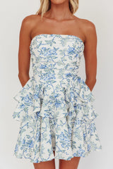 Robe courte étagée à fleurs bleue Like Me Tied Back