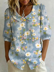 Women's Floral Print Cotton Linen Top