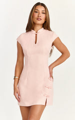 Robe Courte Jana - Robe Moulante Fendue à Col Montant Rose
