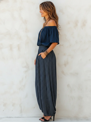 Cozy Off-shoulder Top And Striped Wide-leg Pants Two-piece Set