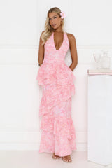 Robe longue à volants et licou Tropical Bloom rose