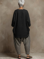 Bohemian Art Print Linen And Cotton Two-piece Top And Pants Set