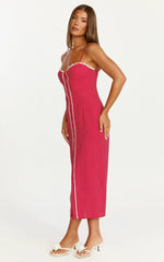 Robe midi Camille - Robe cintrée bustier boutonnée sur le devant avec garniture en dentelle rouge