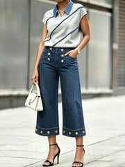 High-waisted, Gold-buttoned, Wide-leg Cropped Jeans