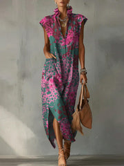 Casual Loose-fit Cotton-linen Dress With Cap Sleeves And Retro Contrast Leopard Print