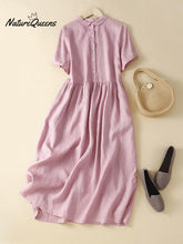 Women's Cotton And Linen Short Sleeve Solid Color Casual Shirt Dress