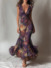 Bohemian Artistic Print Sleeveless Ruffled Chiffon Dress