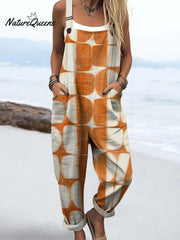 Women's Abstract Geometric Pattern Art Print Casual 100% Cotton Wide Leg Jumpsuit