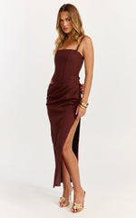 Robe longue Jonas - Robe bustier corset drapée à la taille couleur chocolat