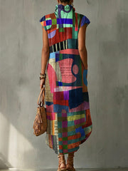 Colorful Collage Decorative Pattern Women's No Sleeve Bud Collar Linen Cotton Dress