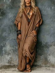 Women's Solid-color V-neck 3/4-sleeve Casual Loose Cotton-linen Dress