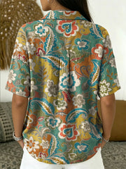 Women's Vintage Botanical Floral Casual Polo Collar Short-sleeved Linen And Cotton Shirt