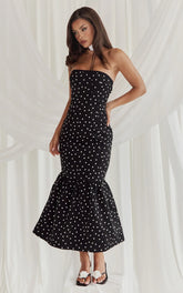 Robe midi Seraphina - Robe à pois bustier, en dentelle, avec col froncé et jupe sirène, coloris pois noirs