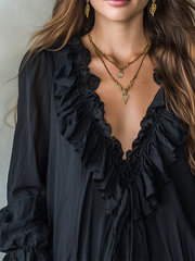 Cozy V-neck Ruffled Cotton-linen Shirt